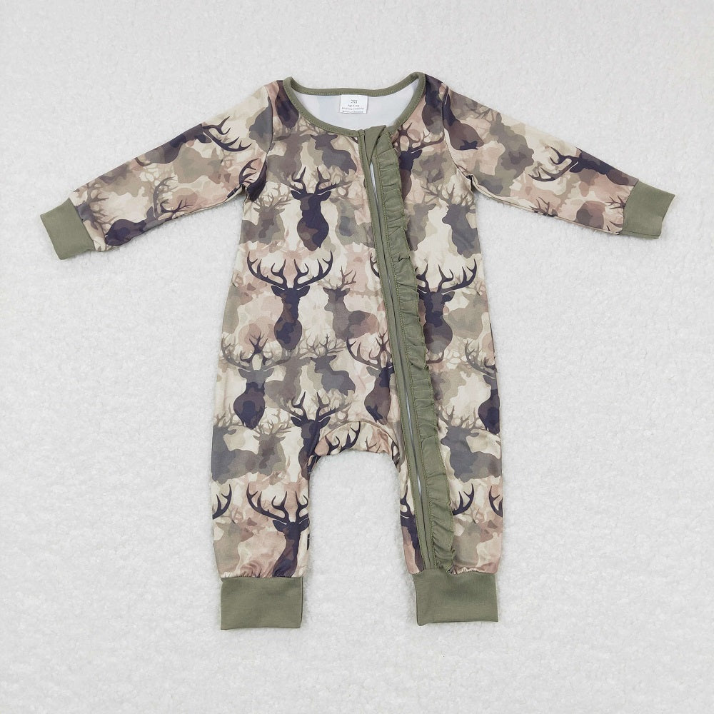 LR0661 Baby Girl Long Sleeves Reindeer Camo One Piece Romper