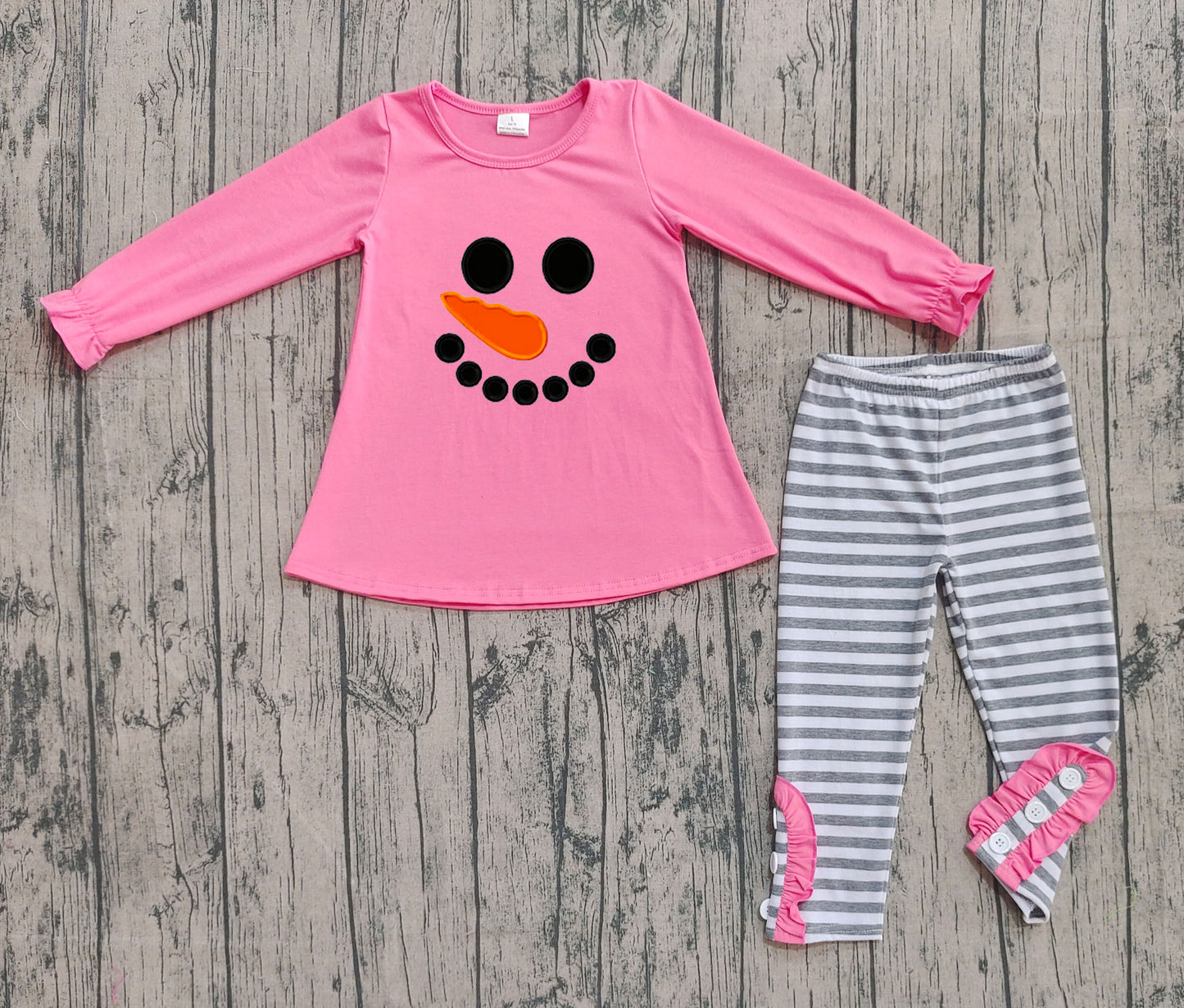 ( No moq ) Preorder Baby Girl Long Sleeves Embroidery  Christmas Snowman Pink Shirt Stripes Pants Outfit