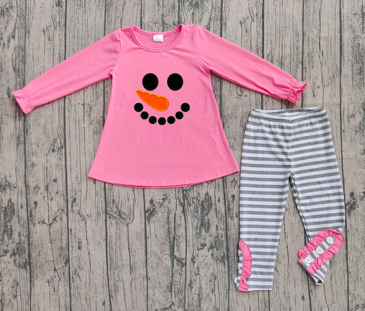 ( No moq ) Preorder Baby Girl Long Sleeves Embroidery  Christmas Snowman Pink Shirt Stripes Pants Outfit