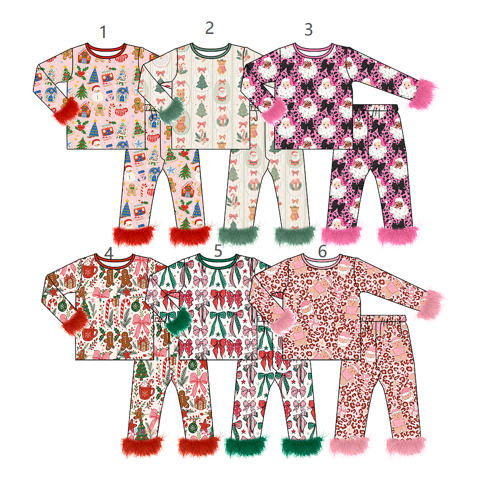 ( Moq 20 Each Style ) Sibling Baby Girls Kids Fur Long Sleeves Christmas Santa Bows Shirts Pants Sibling Pajamas Sets Clothes
