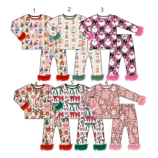 ( Moq 20 Each Style ) Sibling Baby Girls Kids Fur Long Sleeves Christmas Santa Bows Shirts Pants Sibling Pajamas Sets Clothes