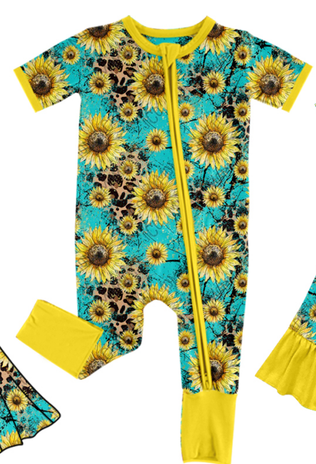 Baby Girl Short Sleeves Western Cow Sunflower Sibling Matching Romper Dress Clothes Set  11.11