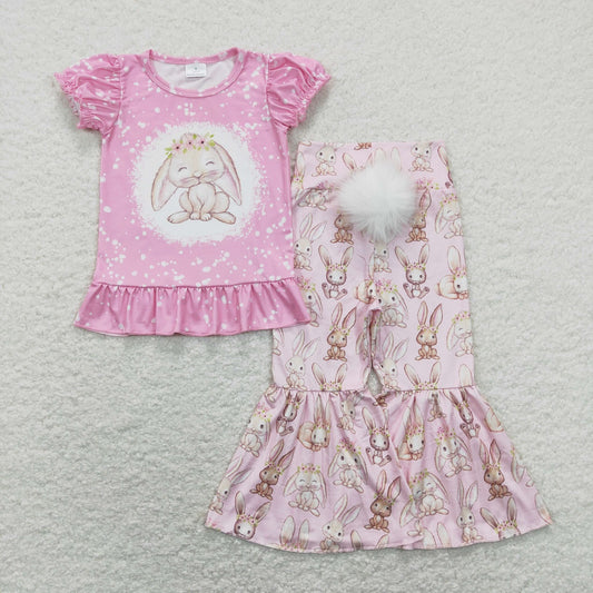 Easter Baby Girl Short Sleeves Shirt Rabbits Bell Pants Pink Set