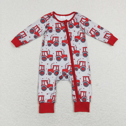 LR0887 Valentine's Day Baby Boy Long Sleeves Tractor Hearts Zipper One Piece Romper