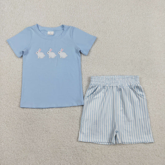Baby Boys Short Sleeves Embroidery Rabbits Shirt Stripes Pockets Shorts Easter Set RTS