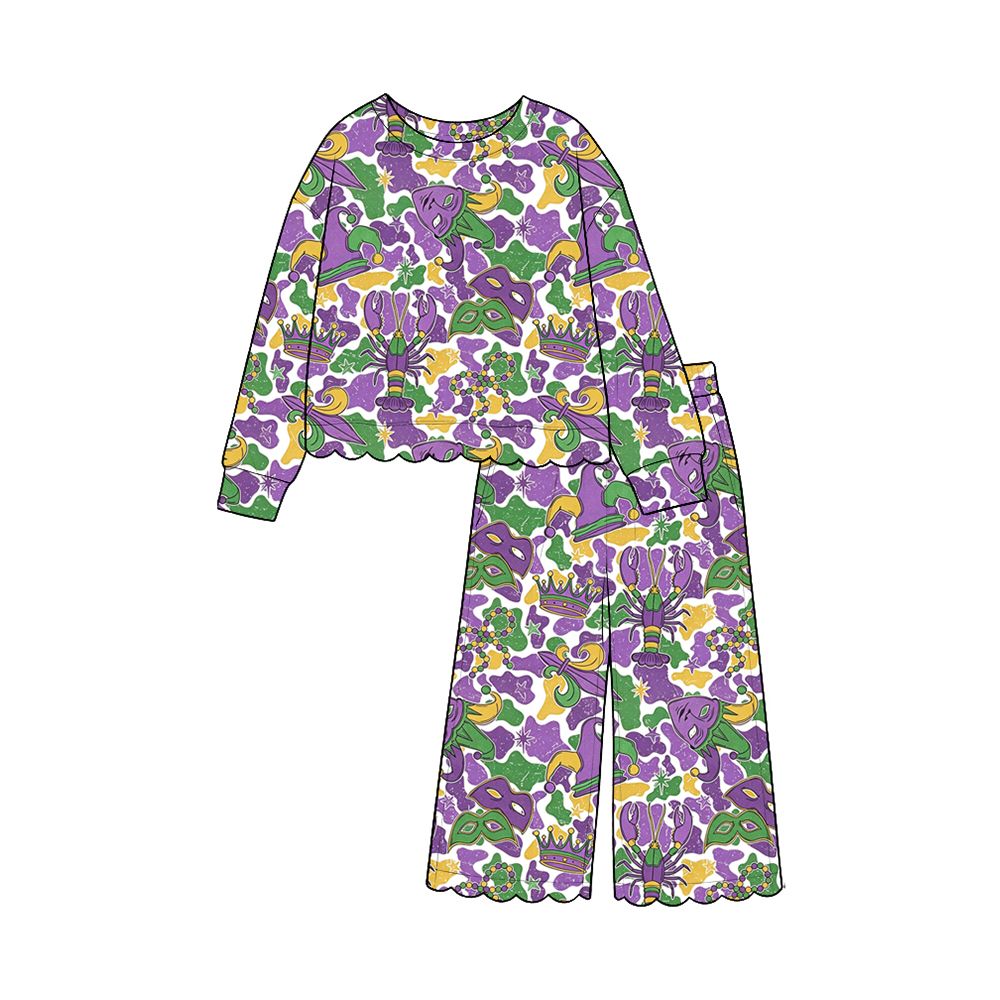 ( Moq 5 ) Preorder Baby Girls Kids Masks Crawfish Shirt Camo Pants Scallop Set Mardi Gras Clothes