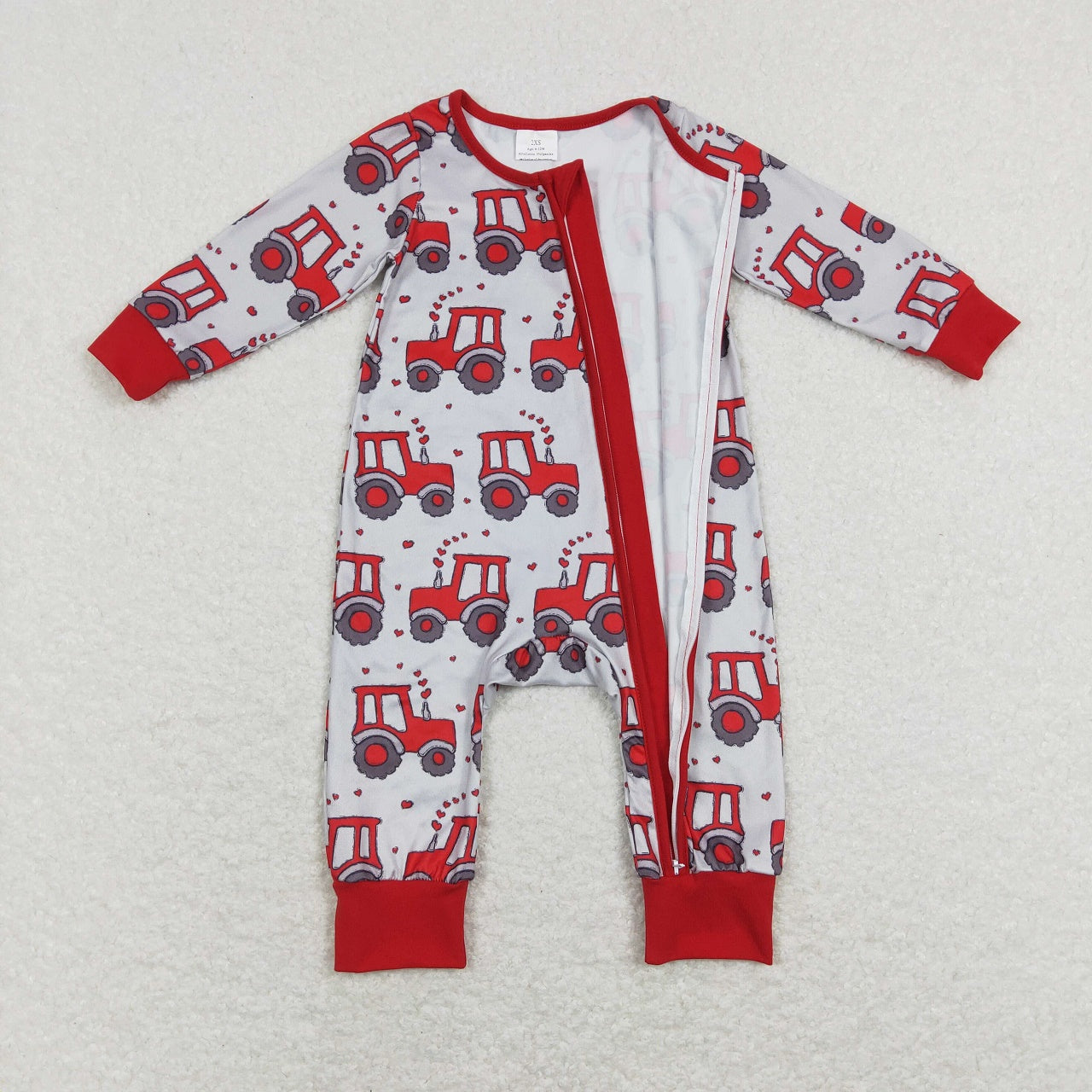 LR0887 Valentine's Day Baby Boy Long Sleeves Tractor Hearts Zipper One Piece Romper