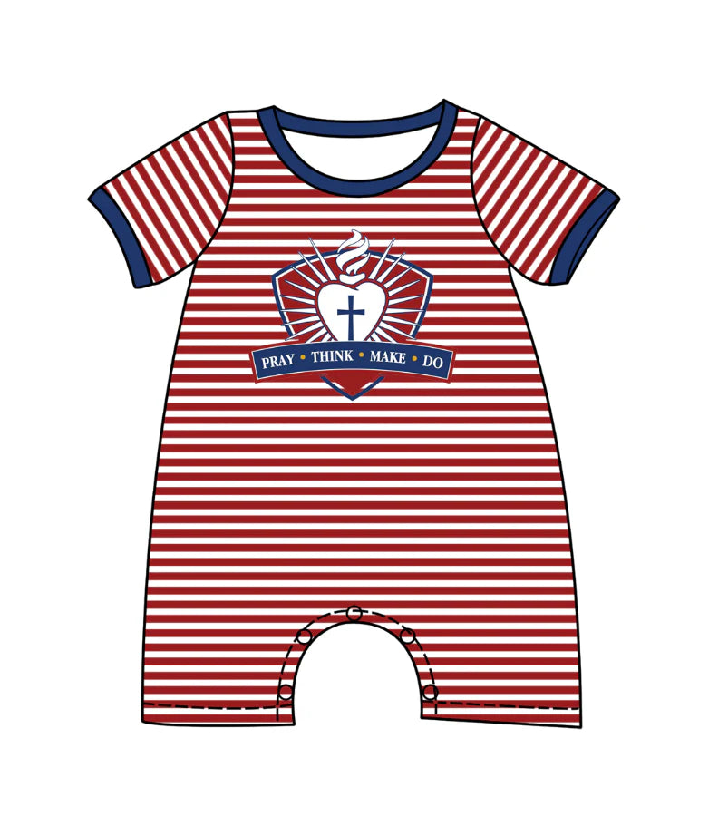 ( Moq 5 ) Baby Boys Kids Short Sleeves Church Red Stripes Team Romper