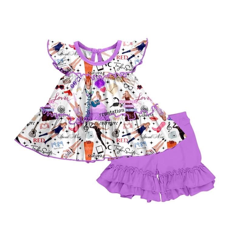 Moq 3 Pre-order GSSO0768 Baby Girl Short Sleeves Tunic Purple Ruffle Shorts Singer Set