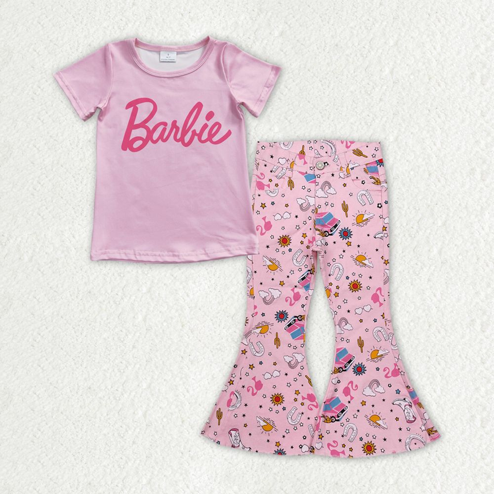 Baby Girl Short Sleeves Doll Pink Shirt Denim Jeans Pants Clothes Set