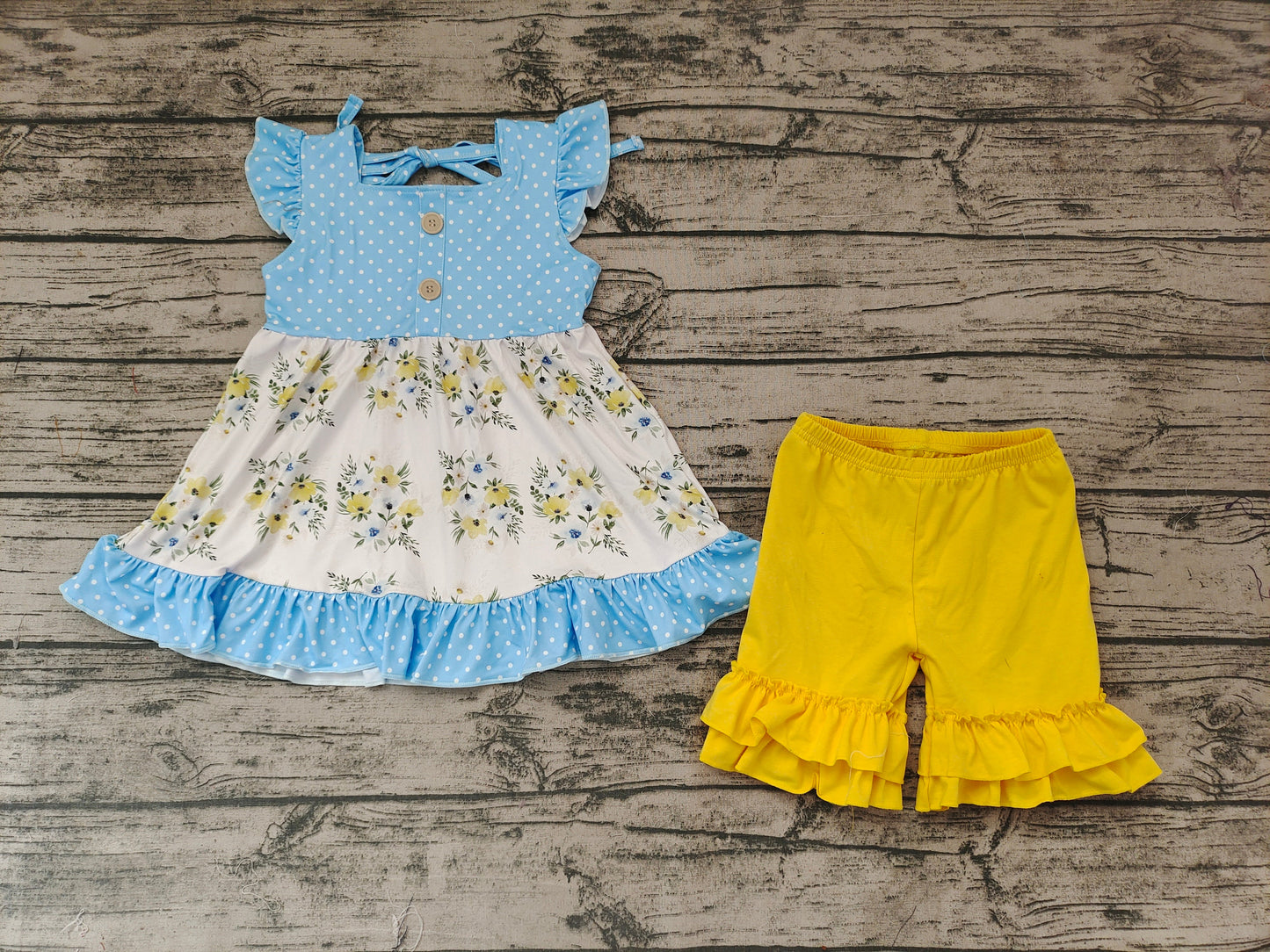 Promotion Baby Girl Summer Flower Yellow Dots Shorts Outfit