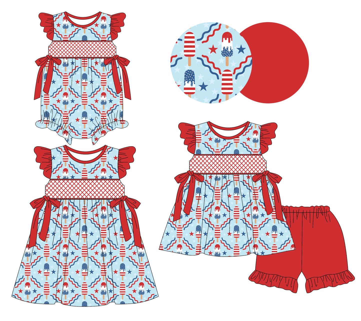 Baby Girl Short Sleeves July 4th Popsicles Bows Sibling Romper Dress Set ( Moq 5 Each Style ) 3.10