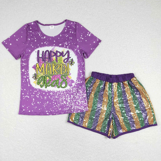 GSSO0529 Mardi Gras Adult Women Short Sleeves Shirt Stripes Sequins Shorts Purple Set