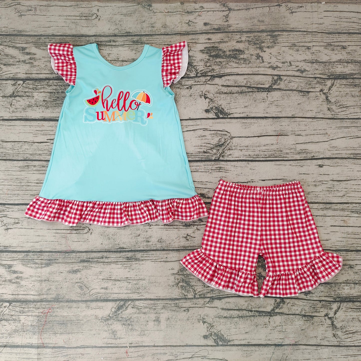 Promotion Baby Girl Watermelon Top Red Plaid Shorts Summer Outfit