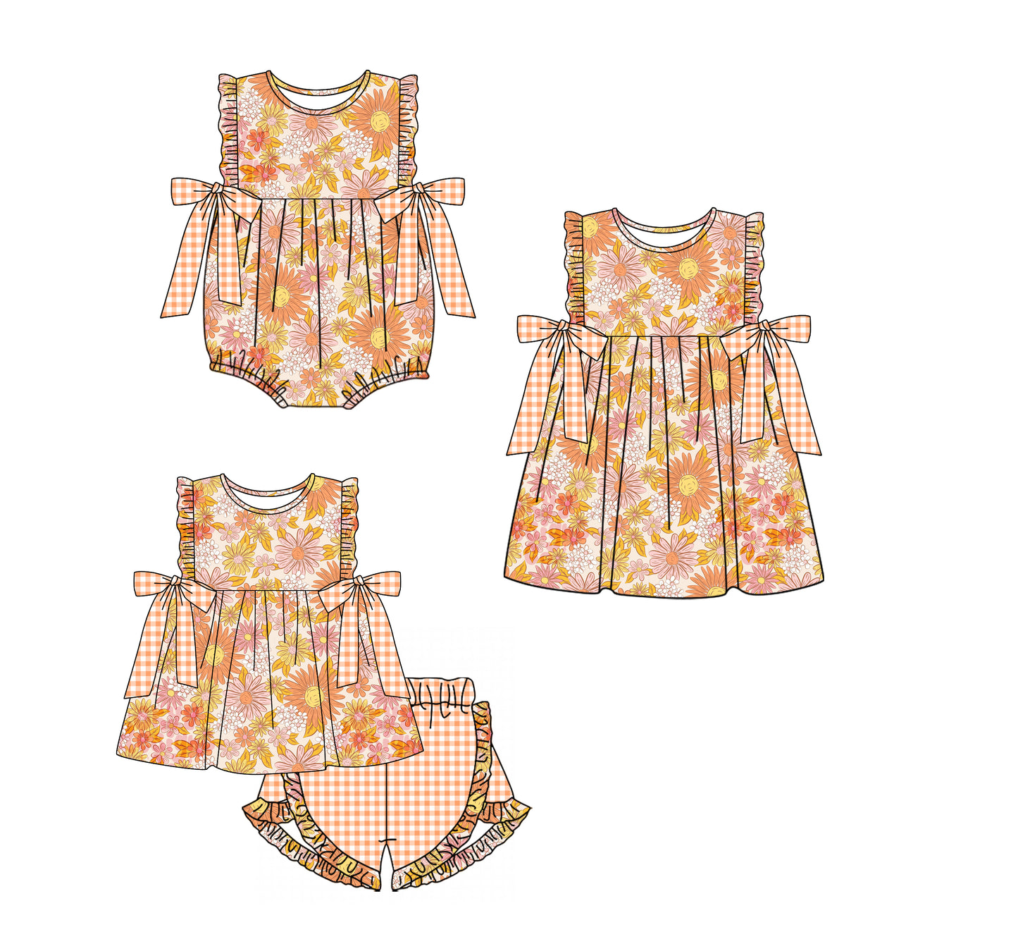 Baby Girl Flower Plaid Bows Sibling Matching Romper Dress Clothes Set ( Moq 5 Each Design )