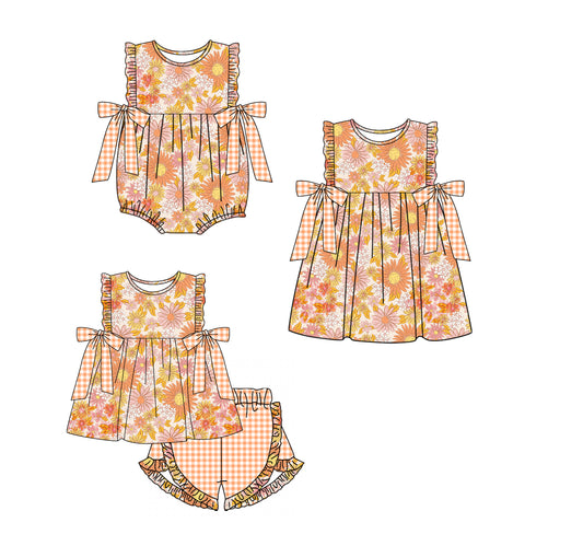 Baby Girl Flower Plaid Bows Sibling Matching Romper Dress Clothes Set ( Moq 5 Each Design )