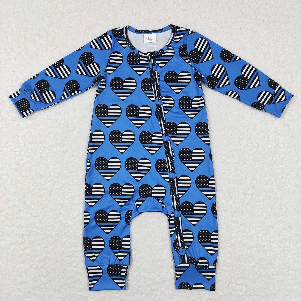 LR0850 Baby Boy Dog Long Sleeves Hearts Blue Zipper Romper