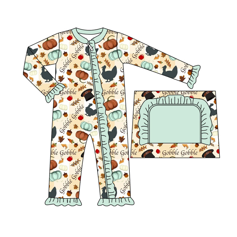 Baby Girl Long Sleeves turkey Pumpkin Fall Zipper Romper