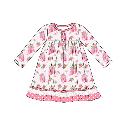 Baby Girl Long Sleeves Flower Shoes Pink Dress