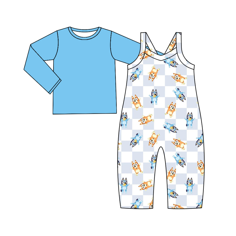 Baby Girl Toddler Long Sleeves Blue Shirt Dogs Jumpsuit Set