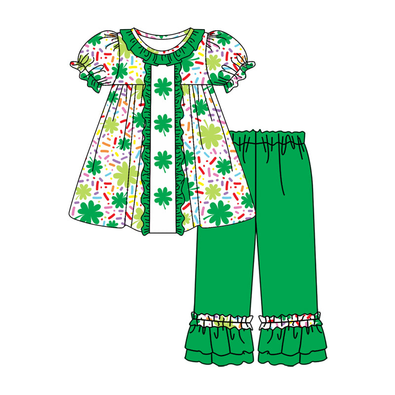 Baby Girl Toddler Short Sleeves St. Patrick Clover Ruffle Tops Green Pants Set Moq 5