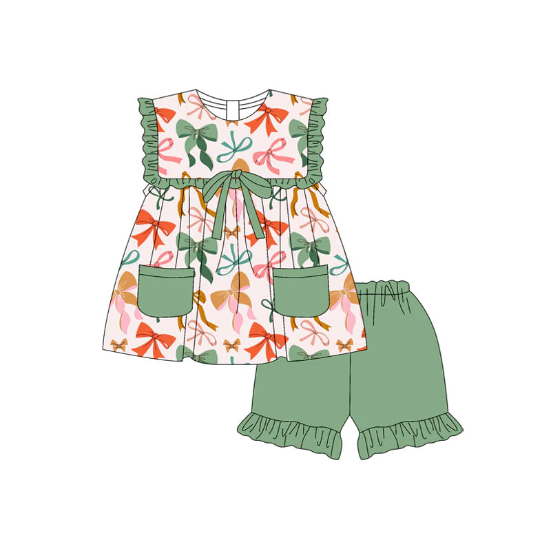 Baby Girl Sleeveless Colorful Bows Pockets Tunic Green Ruffle Shorts Set ( Moq 5 )