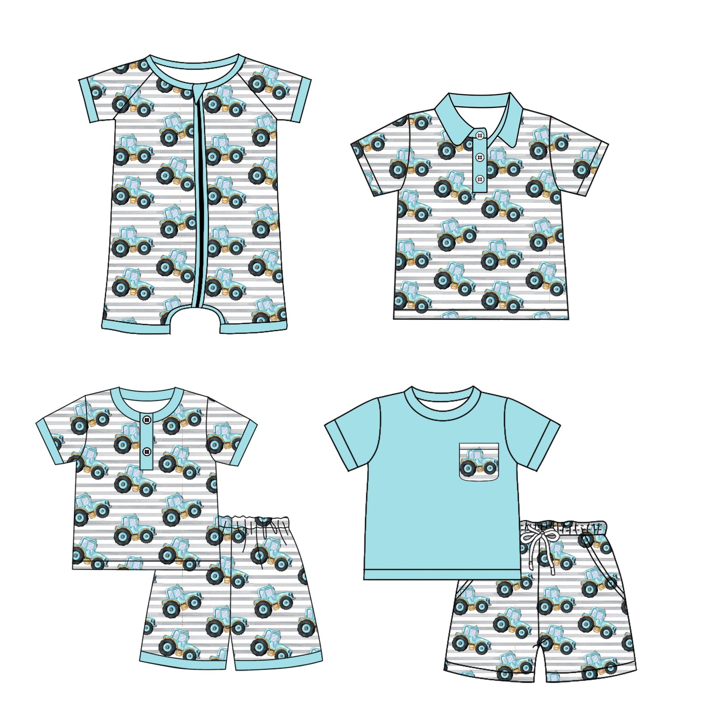 Baby Boy Farm Tractors Strips Sibling Romper Shirt Set ( Moq 5 Each Style ) 1.14