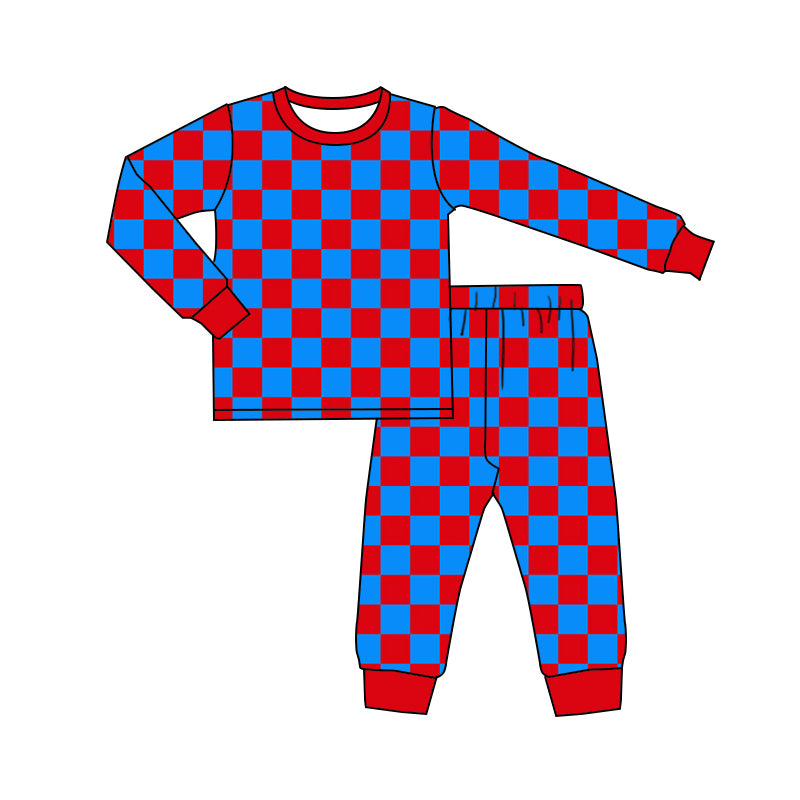 Baby Boy Toddler Long Sleeves Red Blue Checkered Shirt Pants Pajamas Set