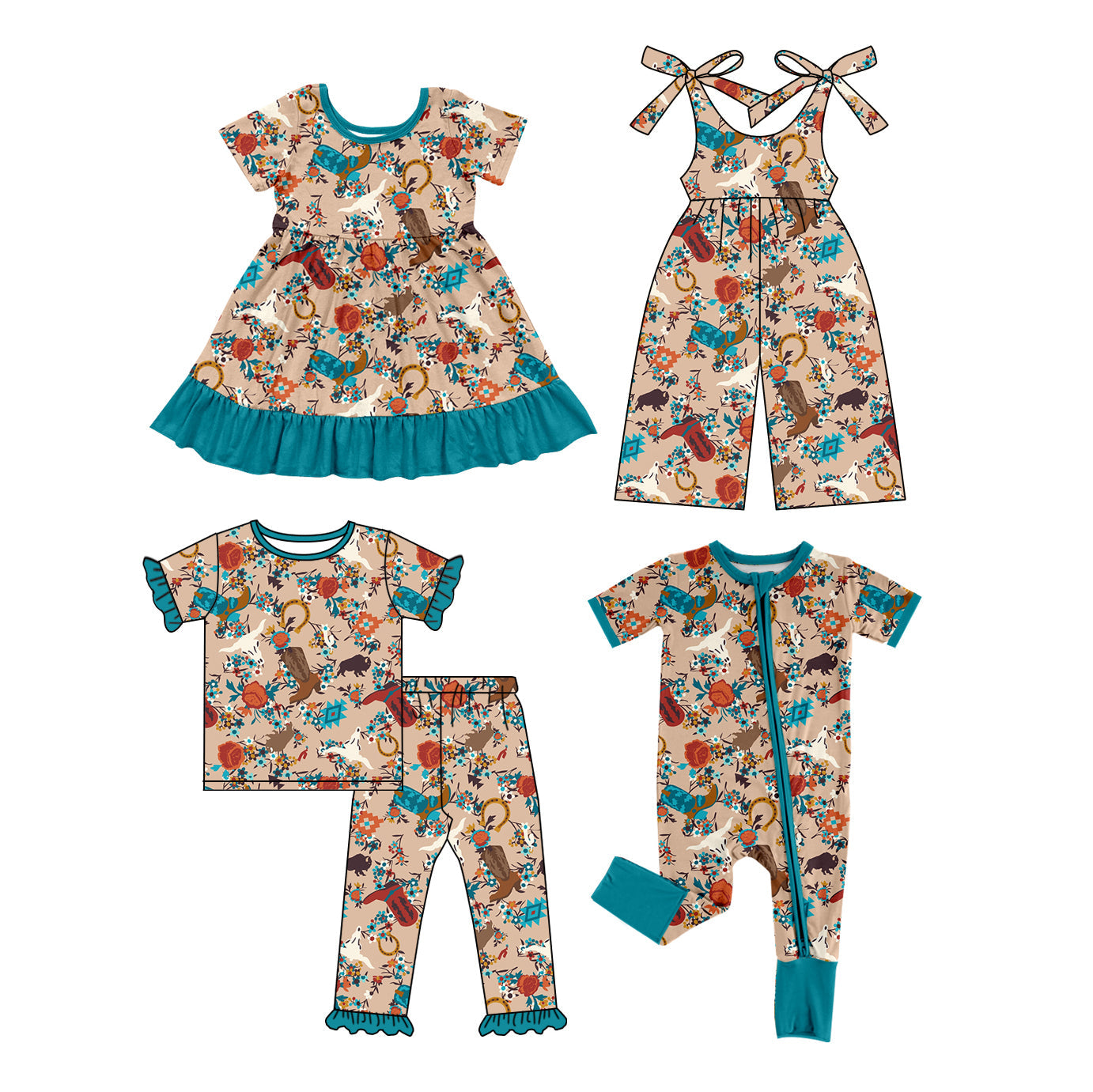 Baby Girl Western Flower Cow Boots Sibling Romper Dress Set ( Moq 5 Each Style ) 12.26