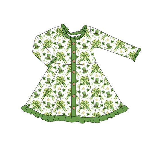 Baby Girl Long Sleeves St. Patrick Bows Hats Green Knee Length Dress Moq 5