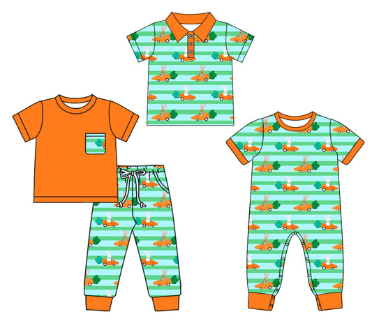 ( Moq 5 Each Style ) Baby Boy Short Sleeves Carrots Rabbits Easter Sibling Romper Shirt Set