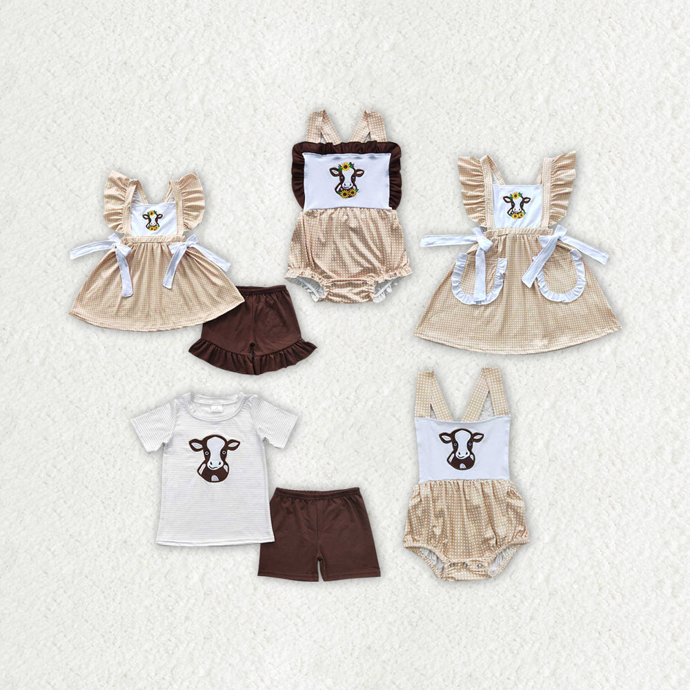 Baby Boy Girl Short Sleeves Embroidery Western Sunflower Cow Sibling Romper Dress Set