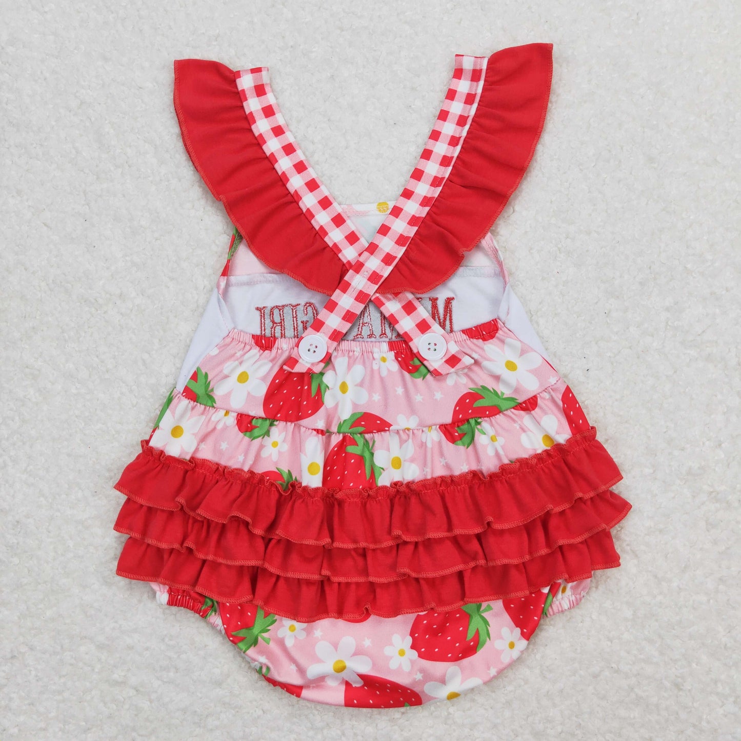 Baby Kids Strawberry Floral Embroidery Mama's Girl Ruffle One Piece Romper