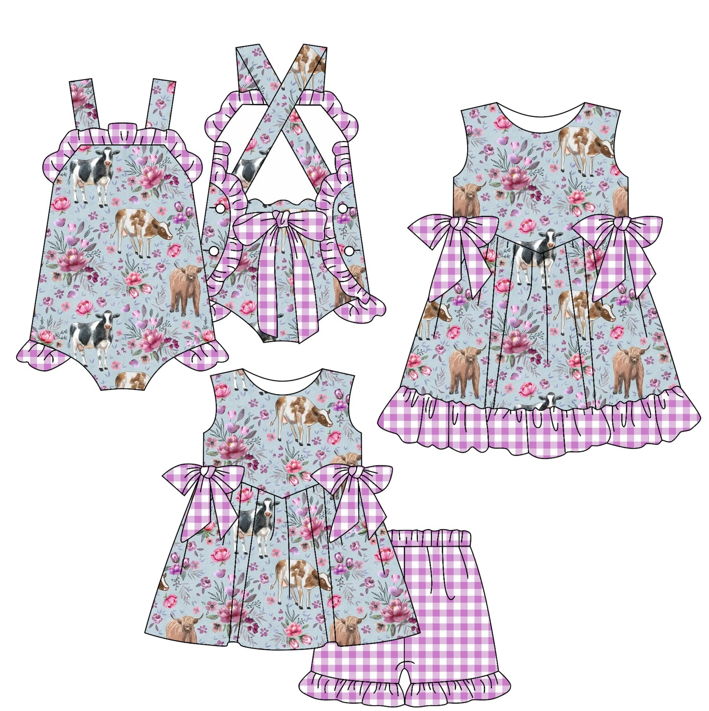 Baby Girl Western Cow Flower Bows Sibling Romper Dress Set ( Moq 5 Each Style ) 2.15