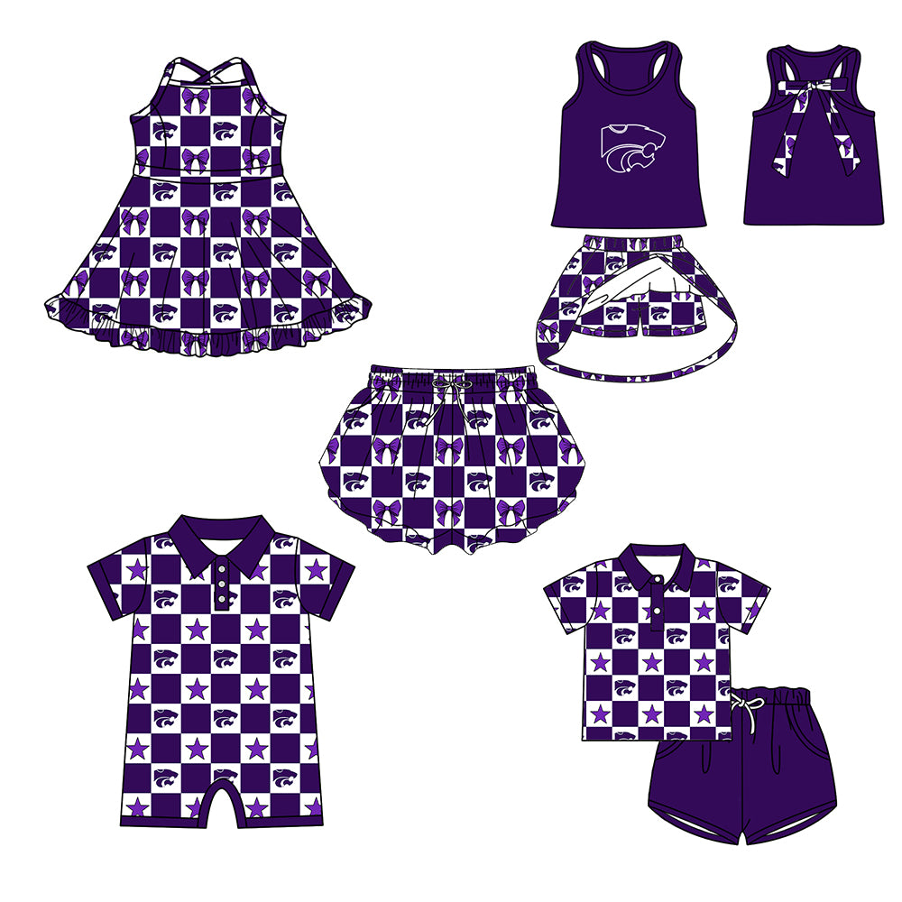 ( Moq 5 Each Style ) Baby Boys Girls Toddler Bows Purple Plaid Team Sibling Shorts Dress Sets Clothes