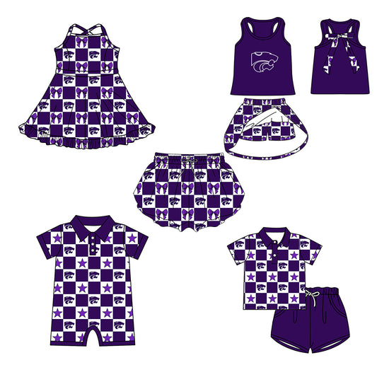 ( Moq 5 Each Style ) Baby Boys Girls Toddler Bows Purple Plaid Team Sibling Shorts Dress Sets Clothes