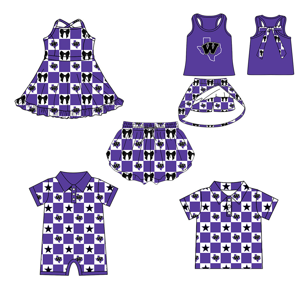 ( Moq 5 Each Style ) Baby Boys Girls Toddler Bows Team Sibling Shorts Dress Shirt Purple Set Clothes