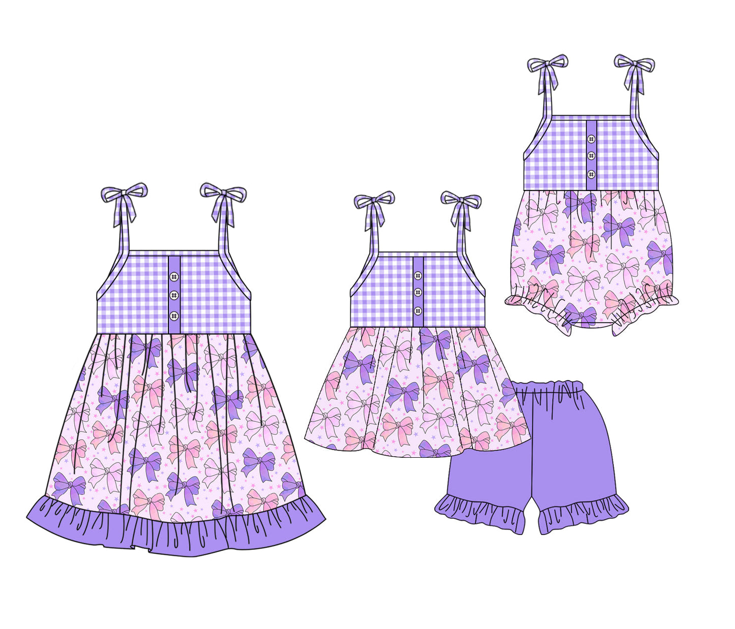 Baby Girl Bows Purple Checked Sibling Romper Dress Set ( Moq 5 Each Style ) 4.2