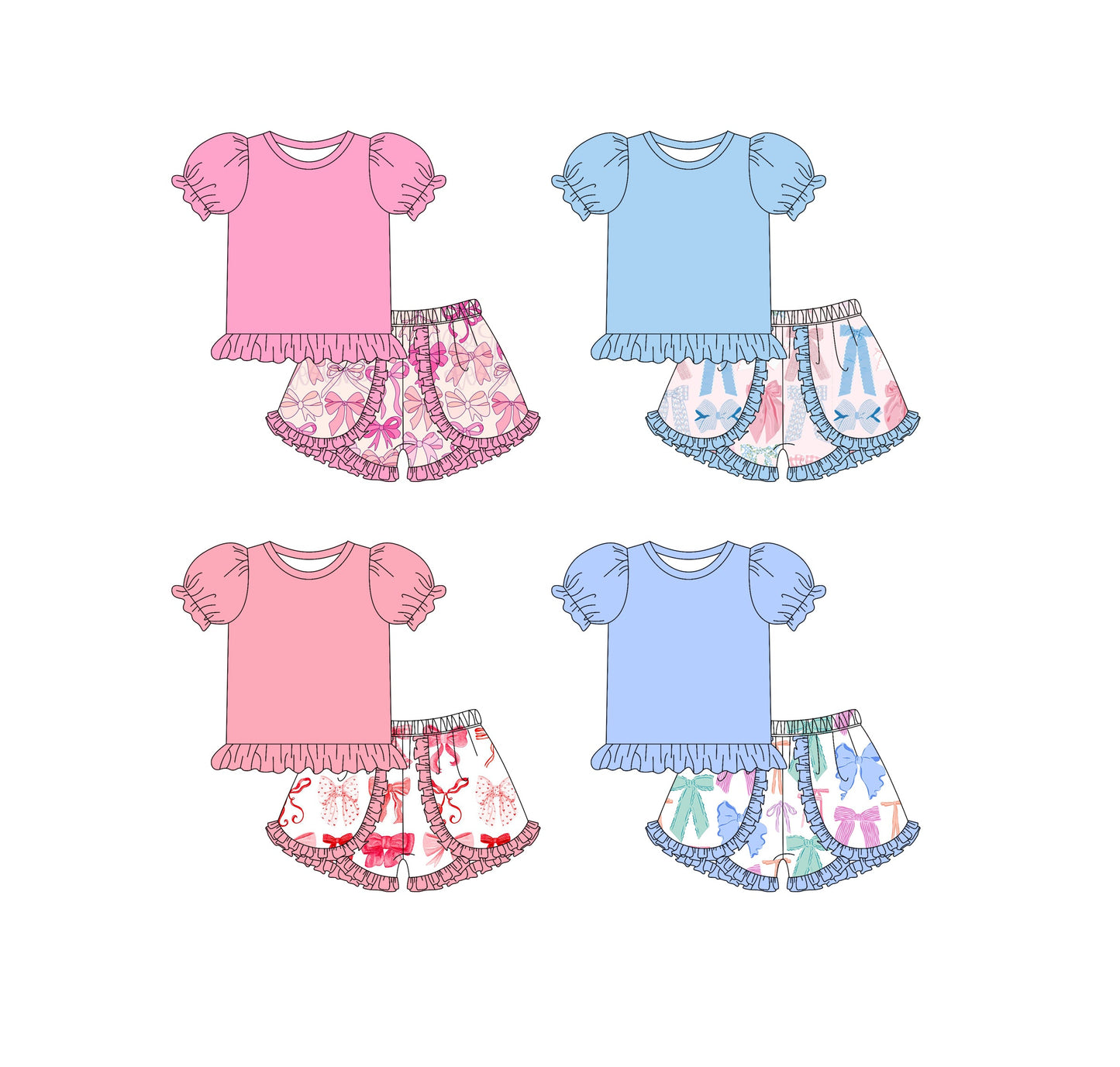 ( Moq 5 Each Style ) Baby Girl Short Sleeves Cotton Tops Bows Shorts Sibling Set 3.25