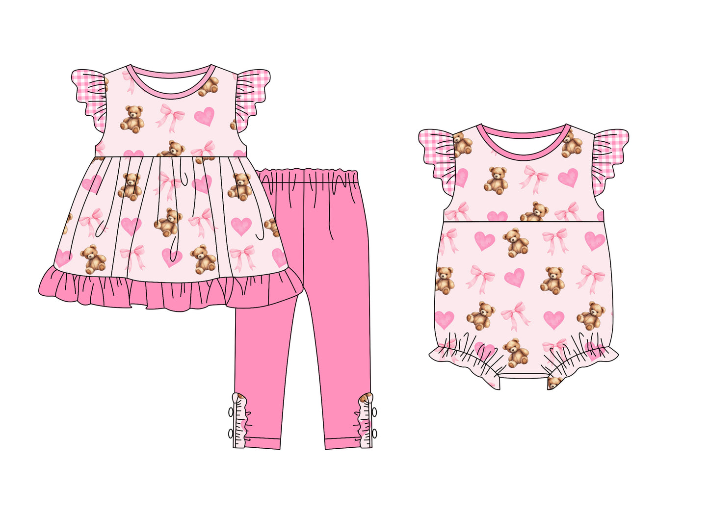 Baby Girl Valentines Bear Bows Hearts Sibling Matching Romper Set ( Moq 5 Each Design )