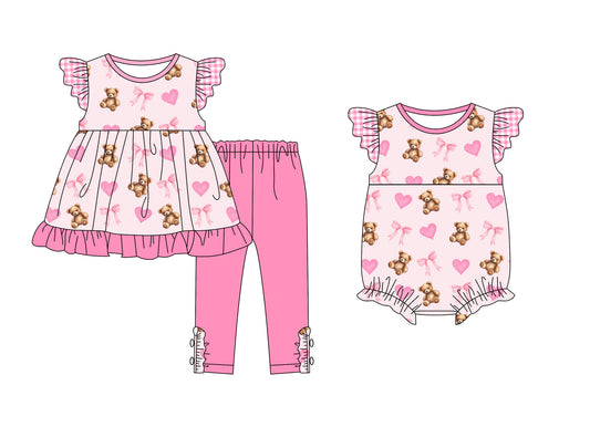 Baby Girl Valentines Bear Bows Hearts Sibling Matching Romper Set ( Moq 5 Each Design )