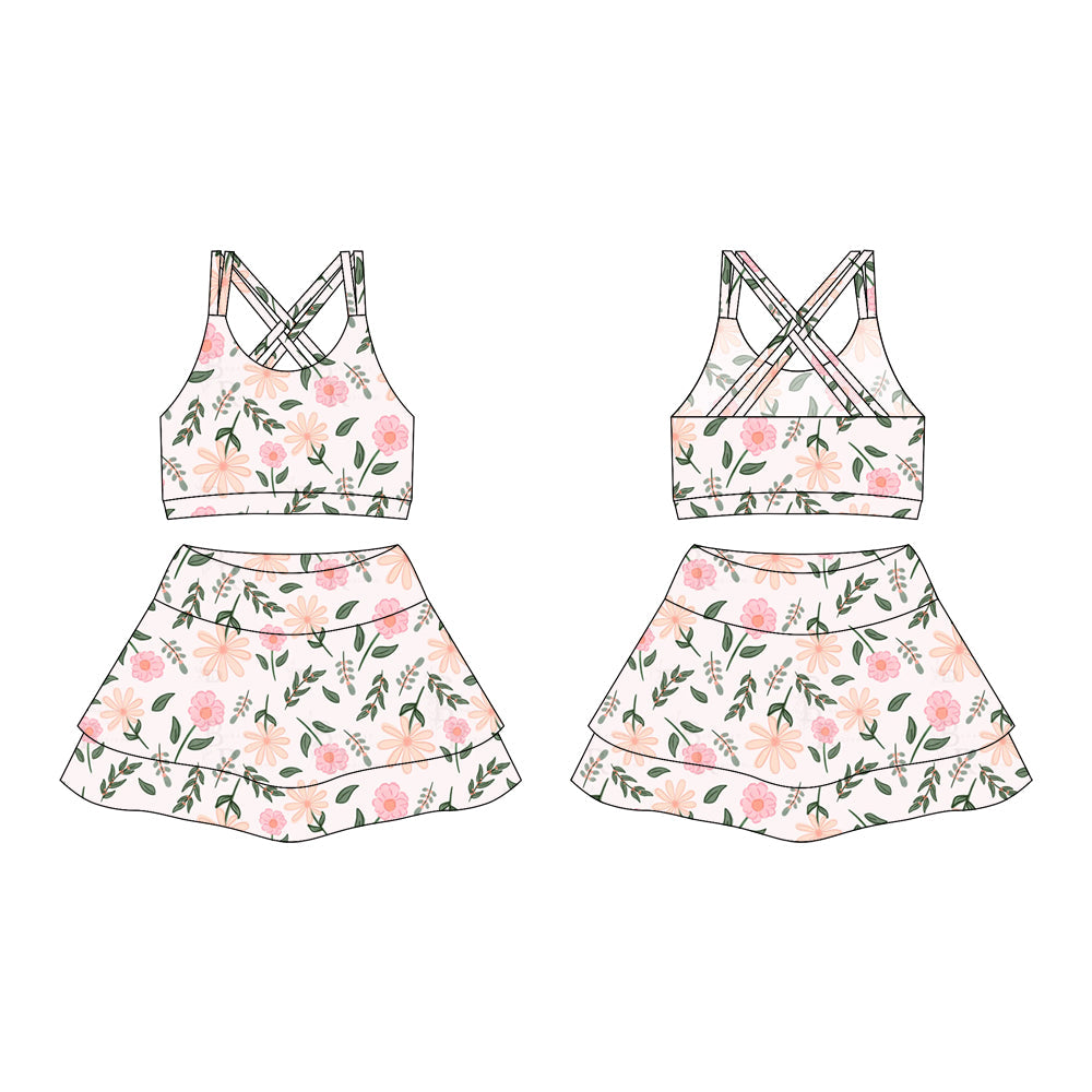 ( moq 10 ) Baby Girl Straps Pink Flower Activity Wear Vests Tops Shorts Skirts Yoga Set