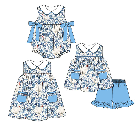 Baby Girl Blue Bows Flower Chicken Sibling Romper Dress Set ( Moq 5 Each Style ) 2.24