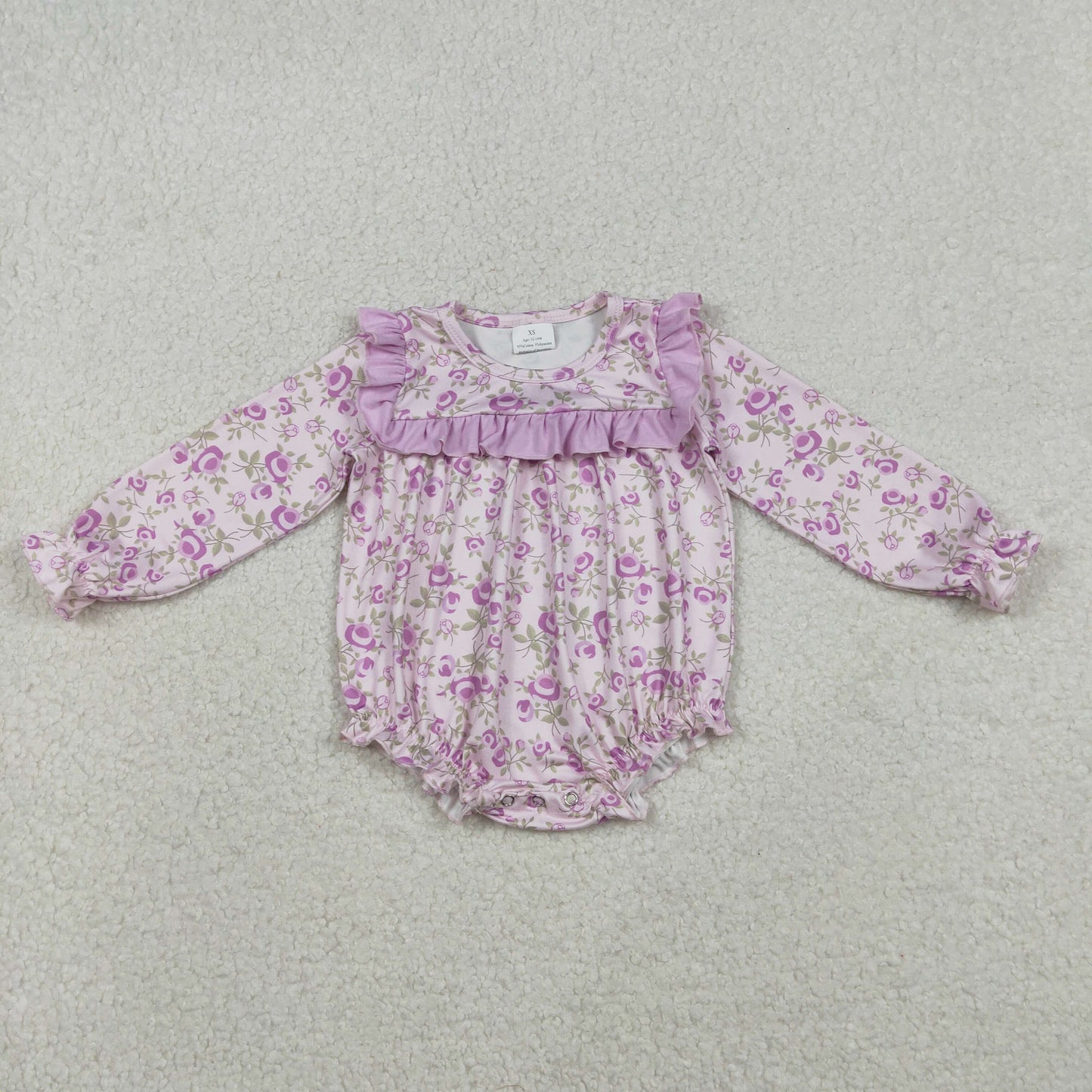 Baby Girls Kids Long Sleeves Floral Purple Ruffle Bubble Romper RTS