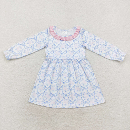 Baby Girl Long Sleeves Blue Bows Flowers Fall Dress