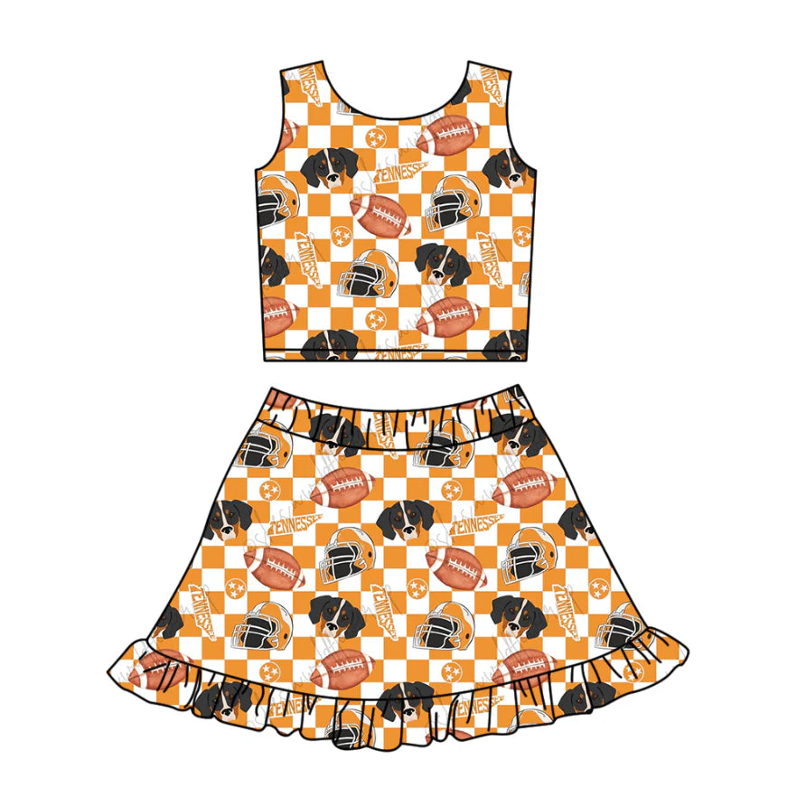 ( Moq 5 ) Baby Girls Kids Sleeveless Dogs Plaid Football Tops Shorts Skirt Team Clothes Set