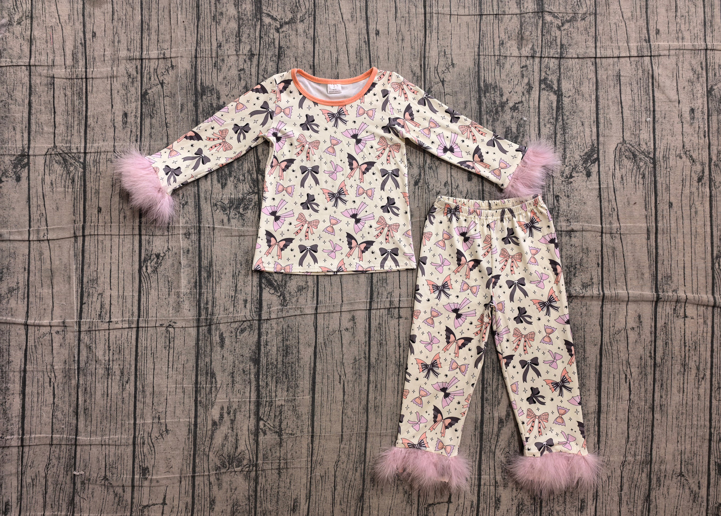 ( No moq ) Preorder Baby Girls Kids Fur Long Sleeves Bats Bows Shirt Pants Set Halloween Pajamas Clothes