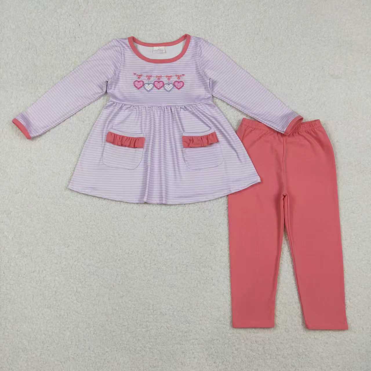 Sibling Baby Girls Kids Embroidery Hearts Bows Stripes Valentine's Day Romper Clothes Set RTS