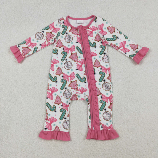 Baby Girl Long Sleeves Candy Cane Pink Bows Tree Christmas Zipper Romper RTS