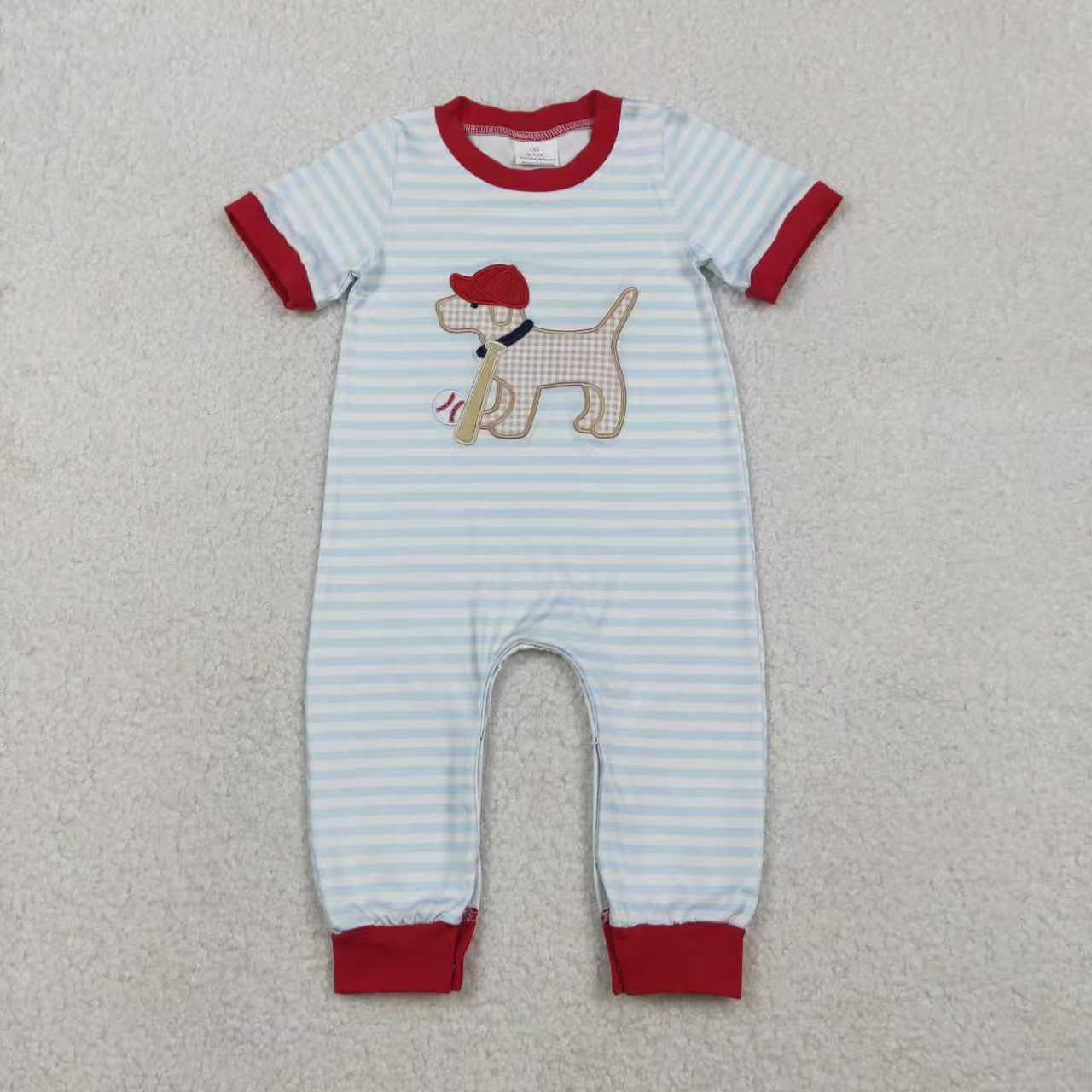 Sibling Baby Boys Toddler Short Sleeves Embroidery Dog Baseball Stripes Romper Set RTS